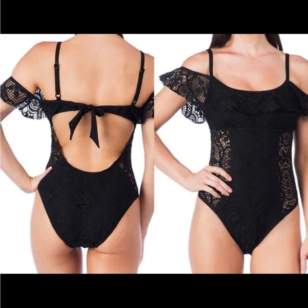 🖤 Kenneth Cole Reaction Royalty black one piece swimsuit offshoulder M lace NWT